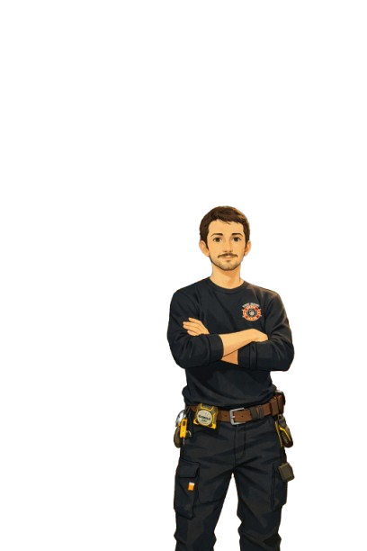A male firefighter in a black uniform with a badge and equipment, standing confidently with arms crossed, against a plain white background.