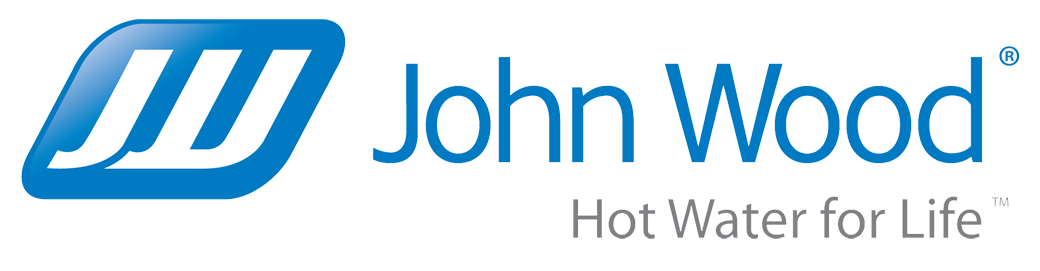 John Wood logo with a blue and white symbol and the text 'John Wood' and the slogan 'Hot Water for Life'.