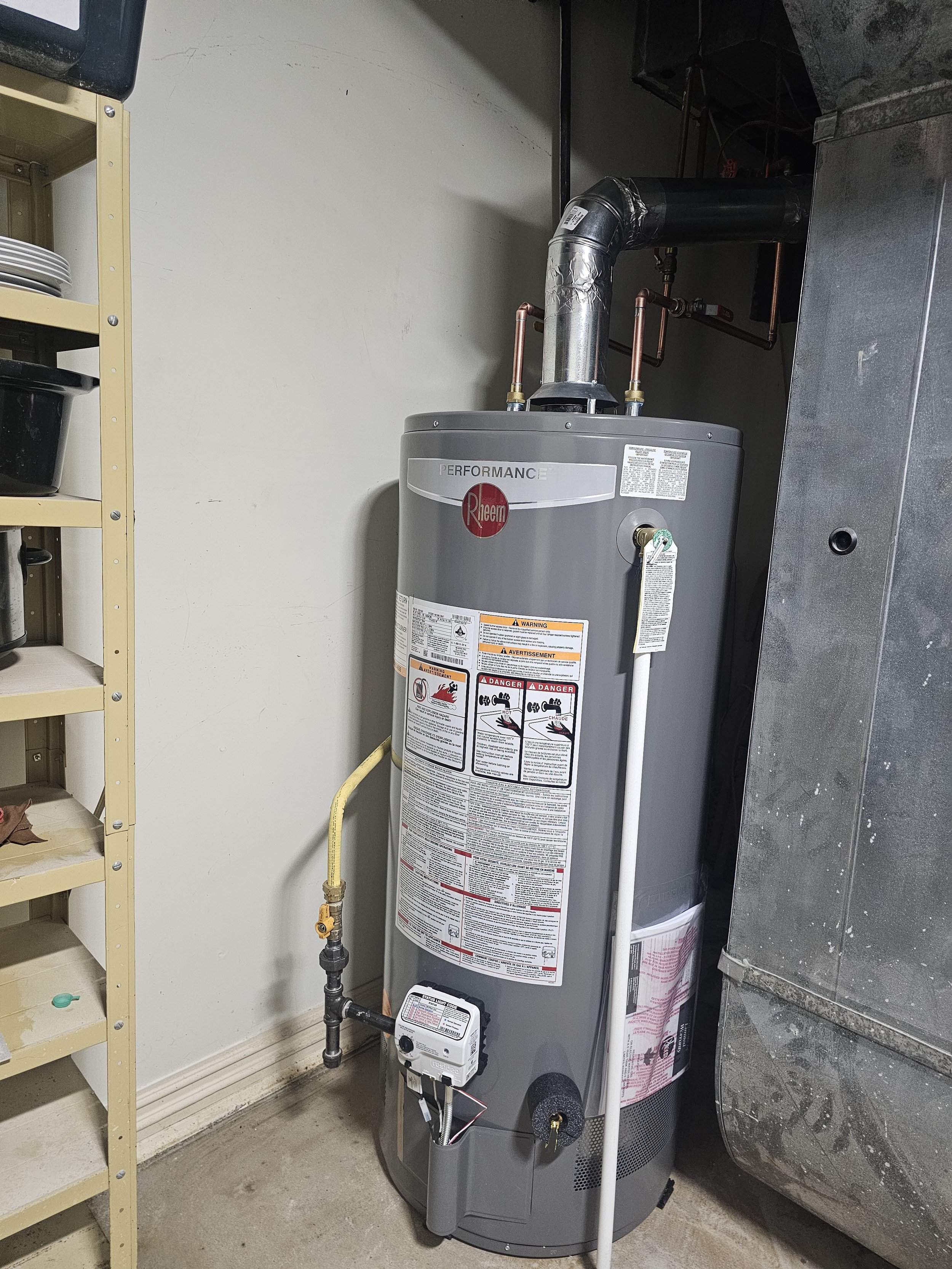 A gray Rheem performance water heater in a basement utility room, with warning labels and pipes on top.