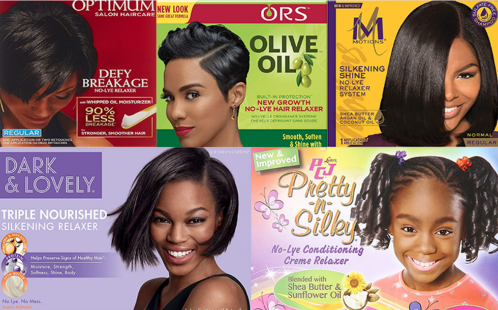 A collage of hair care product advertisements featuring women and a girl with different hairstyles, including short, sleek hair and natural dreadlocks, highlighting hair relaxing, nourishing, and conditioning products.