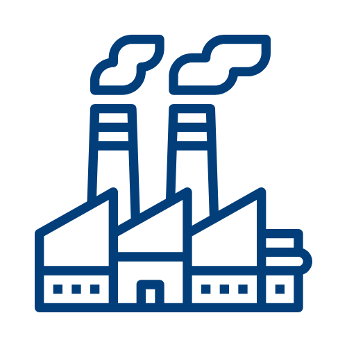 Icon of a factory with two smokestacks emitting smoke.