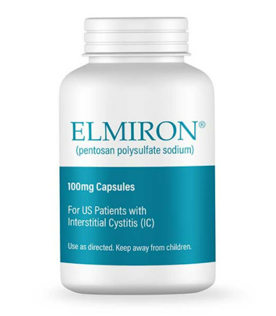A white bottle of Elmiron capsules with a blue label, indicating it contains 100 mg capsules for US patients with interstitial cystitis, and instructs to keep away from children.