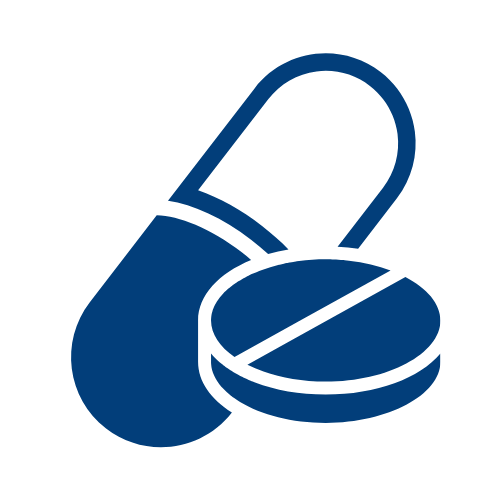 Icon of a capsule pill and two round tablets in dark blue on black background.