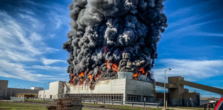 Industrial building on fire with large smoke and flames billowing into the sky.