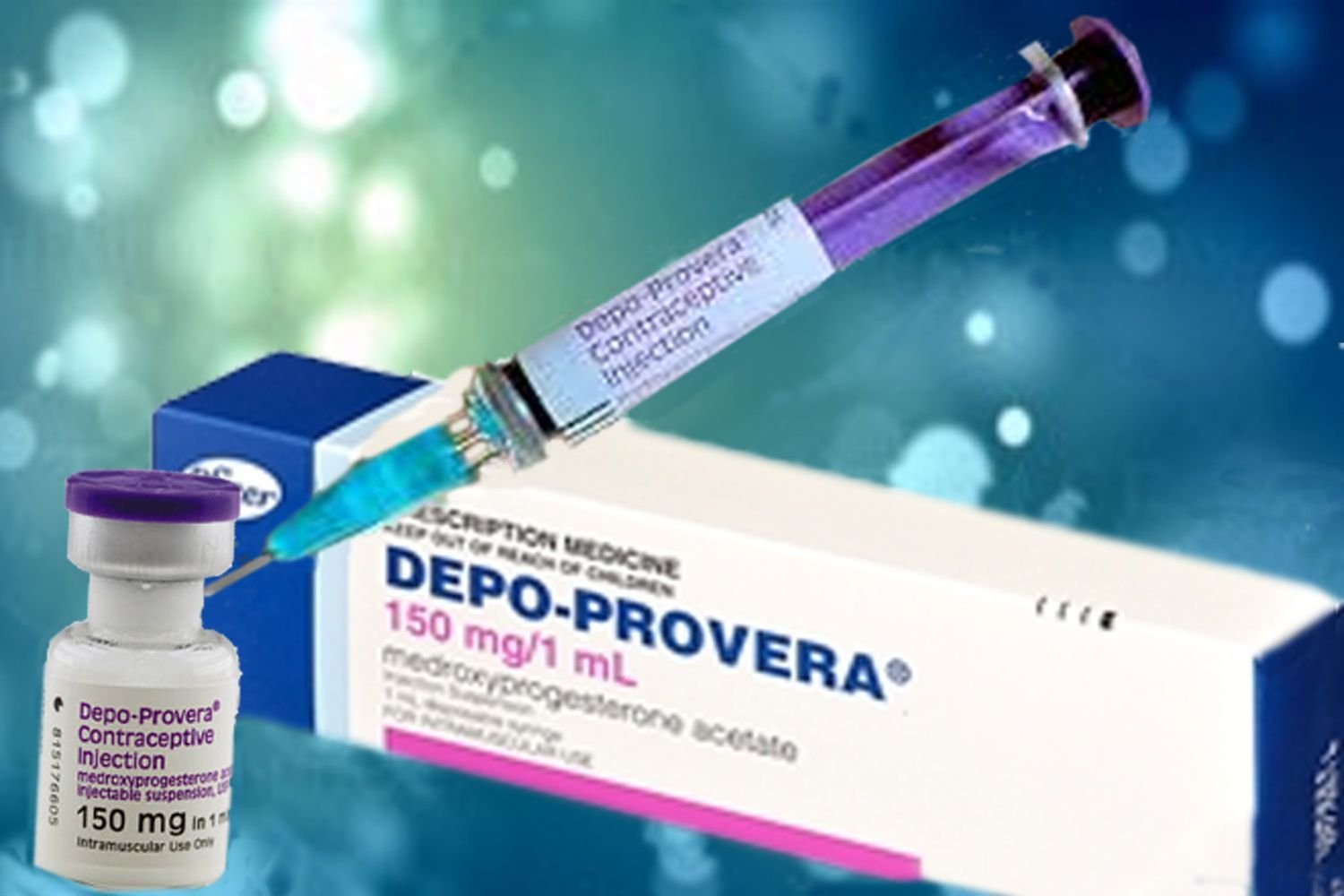 Medical kit containing a box labeled 'Depo-Provera' contraceptive injection and a vial of Depo-Provera medication.