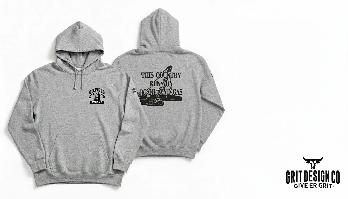 Two gray hooded sweatshirts with black graphic designs, laid flat on a white background.