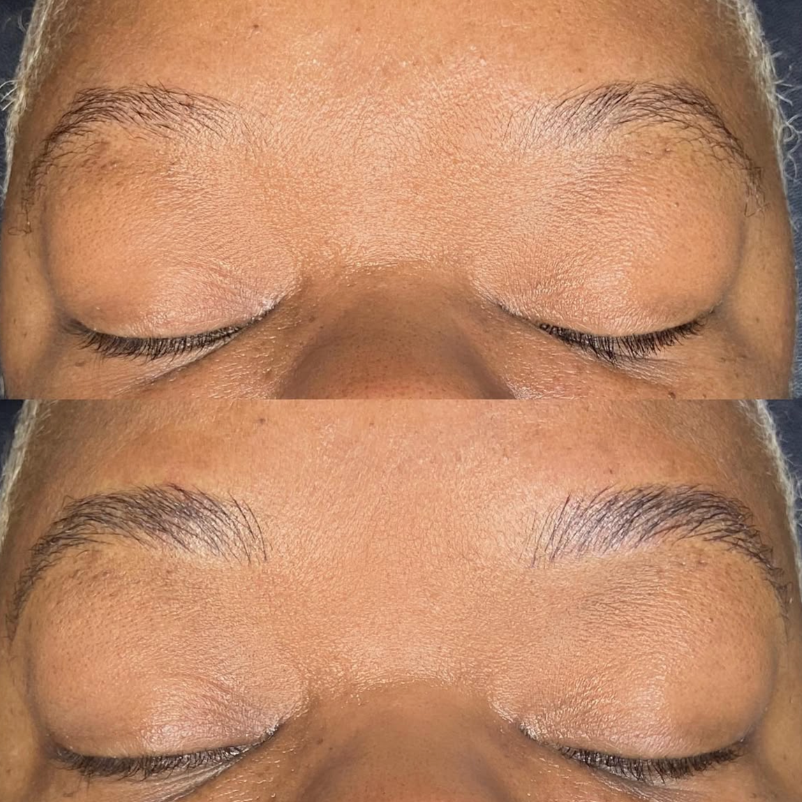 Close-up of a person's closed eyes, showing a before and after comparison of eyebrow grooming or microblading treatment.