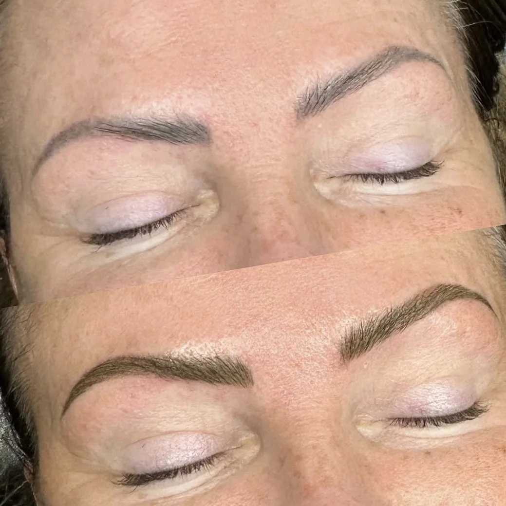 Microbladed hair-stroke brows enhancing a brunette client in East Cobb Atlanta