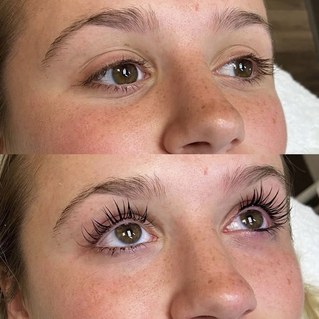 Close-up of a woman's face before and after having a lash lift and tint in Woodstock, GA, showing longer, more curled eyelashes..