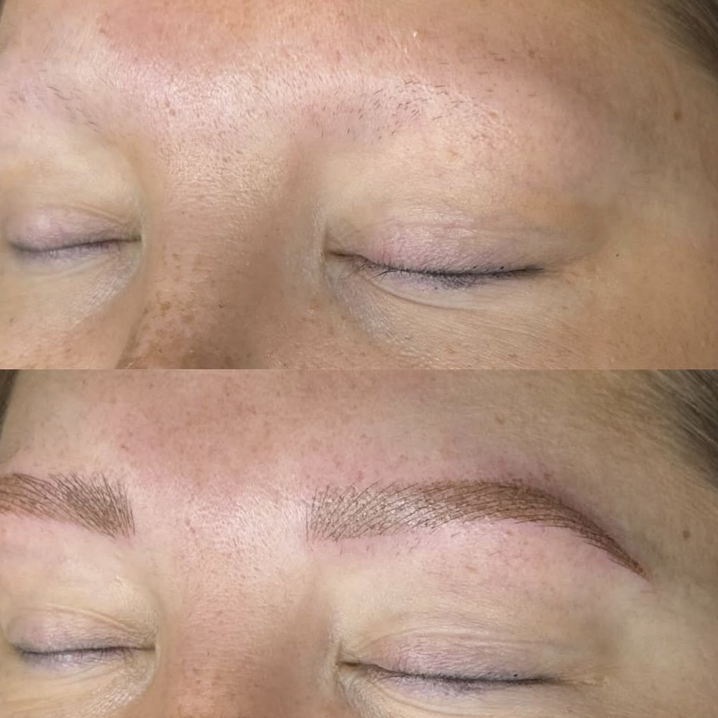 Close-up of a person's closed eyes before and after eyebrow microblading in East Cobb, showing fuller, well-defined eyebrows in the after image.