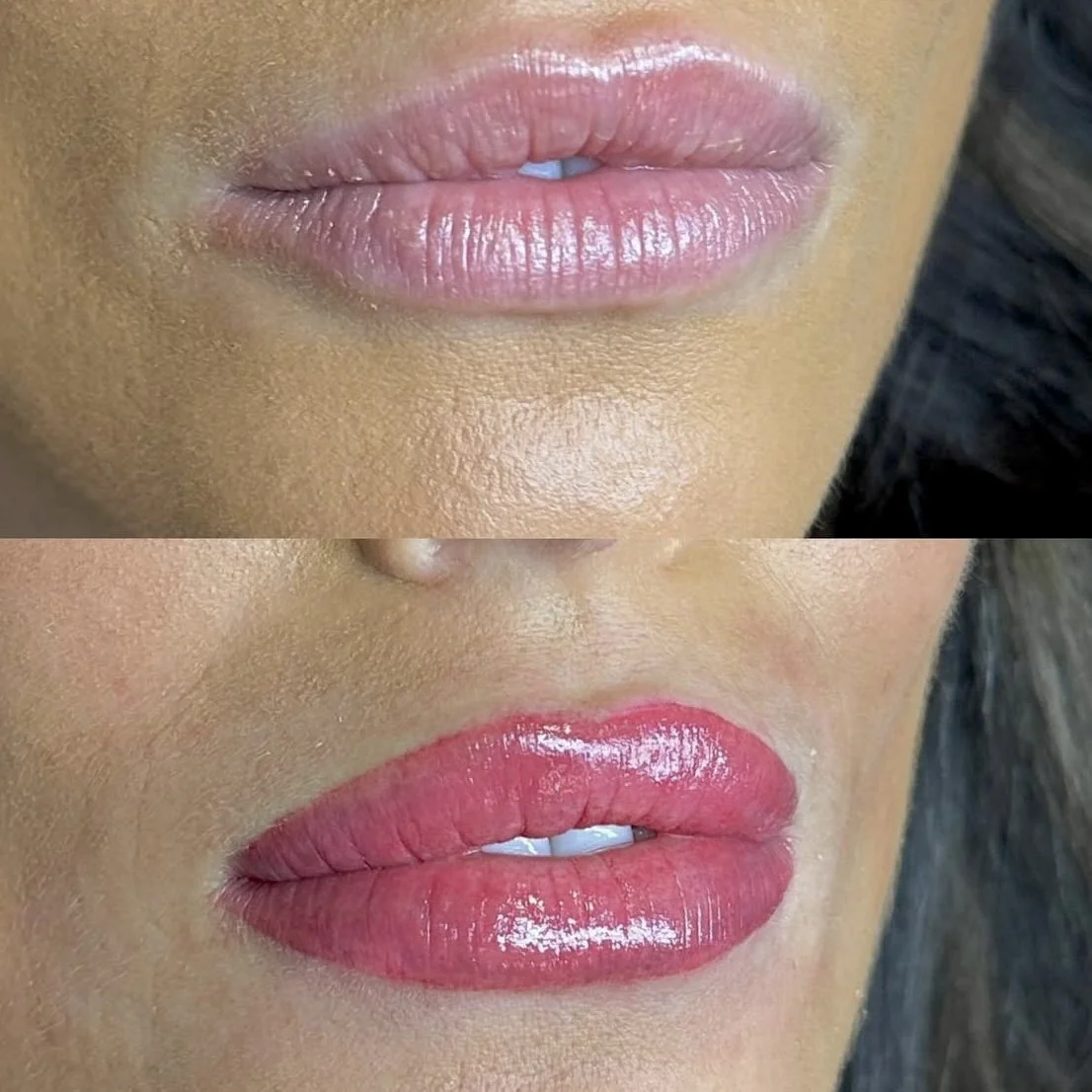 Close-up of a person's lips before and after performing lip blushing in Marietta, GA. The top shows natural, bare lips, and the bottom shows lips with shiny, pink lip blush.