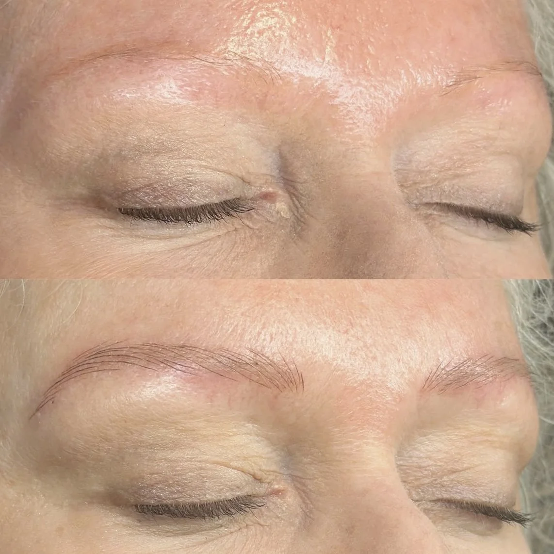 Crisp microblading hair strokes creating natural fuller brows in Marietta GA