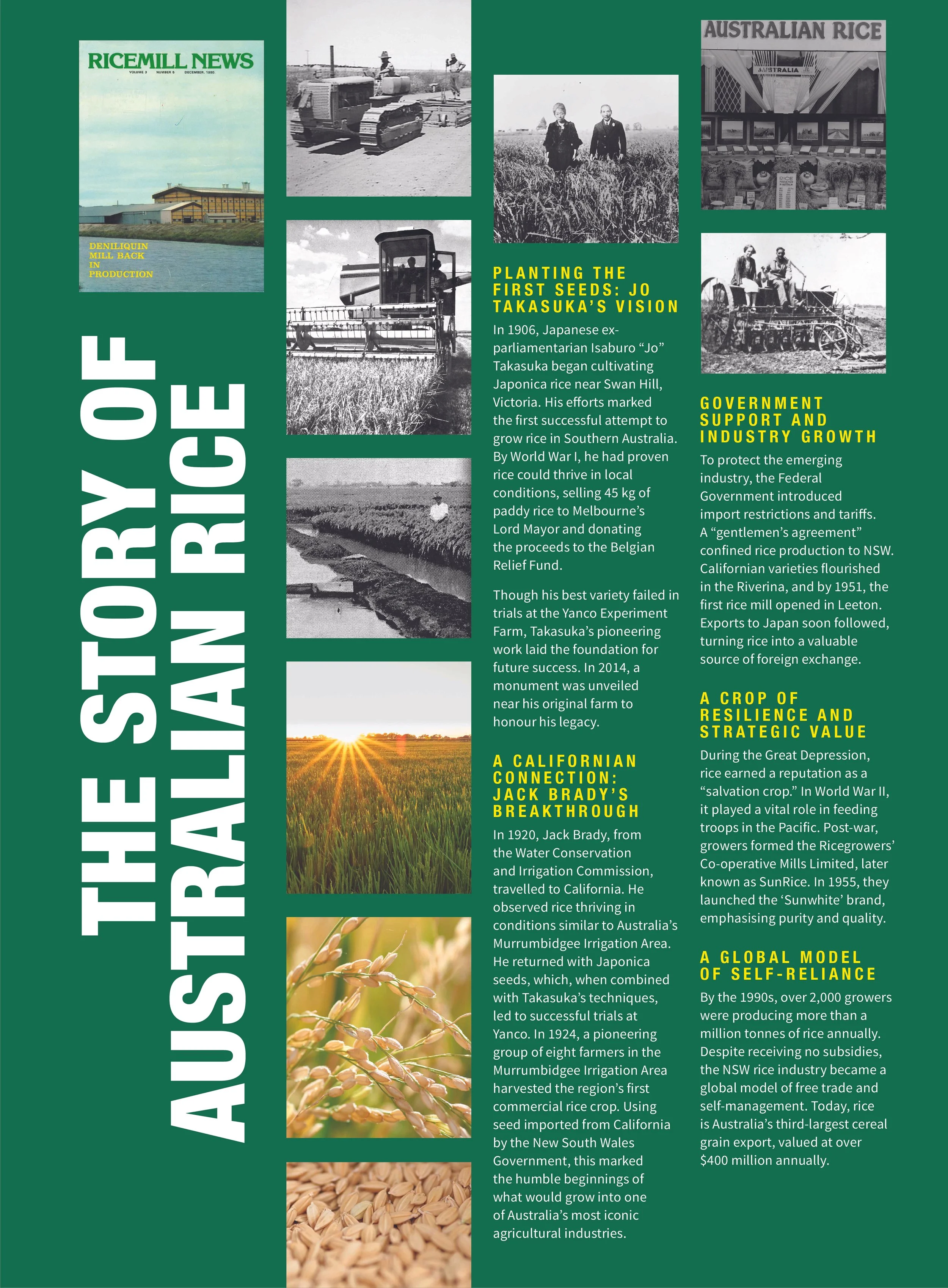 A poster titled 'The story of Australian rice' featuring historic photographs and text about the development of rice farming in Australia, including images of rice fields, farming equipment, and early rice farmers.