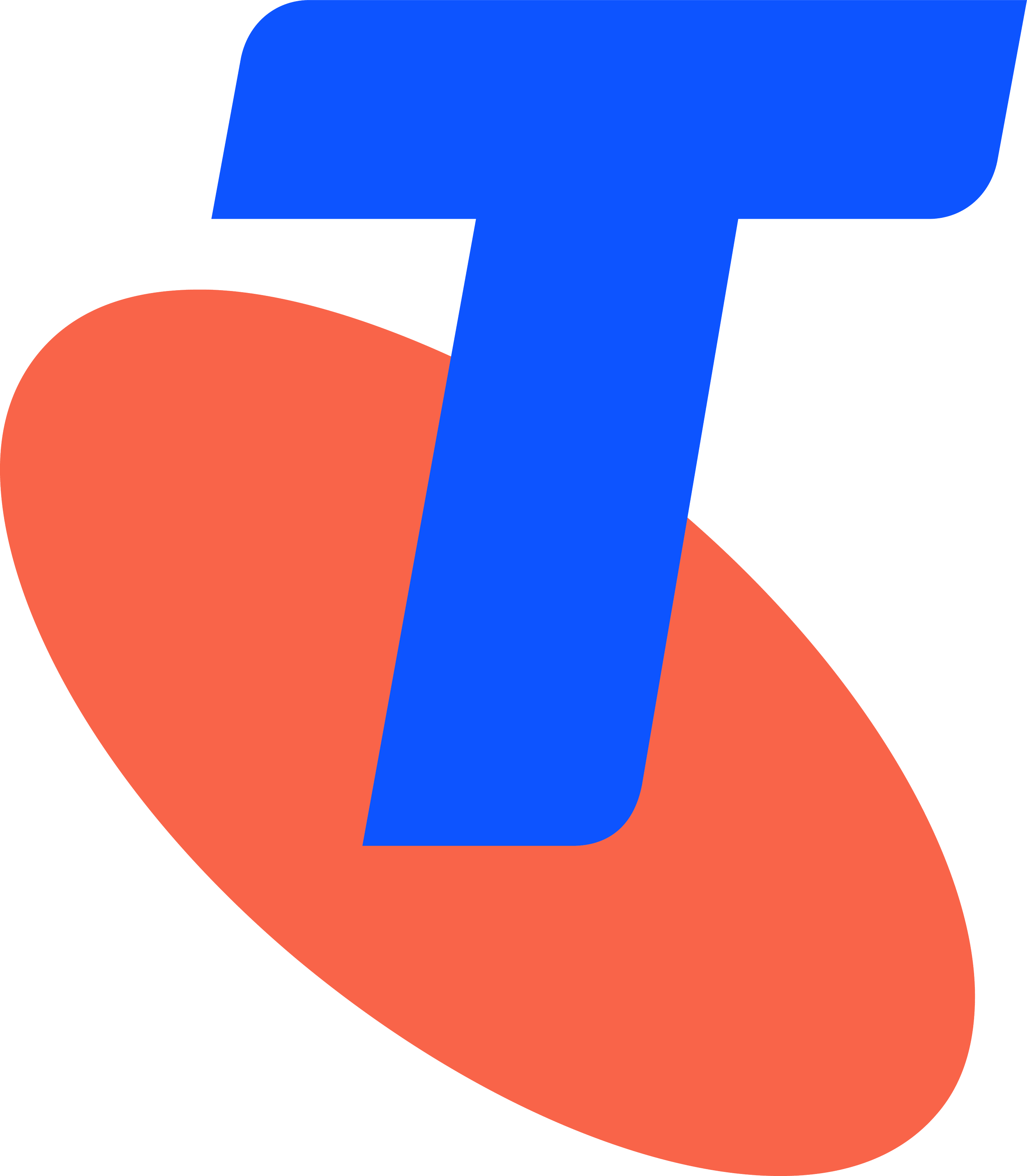 Logo with a large blue letter 'T' overlapping an orange oval shape on a black background.