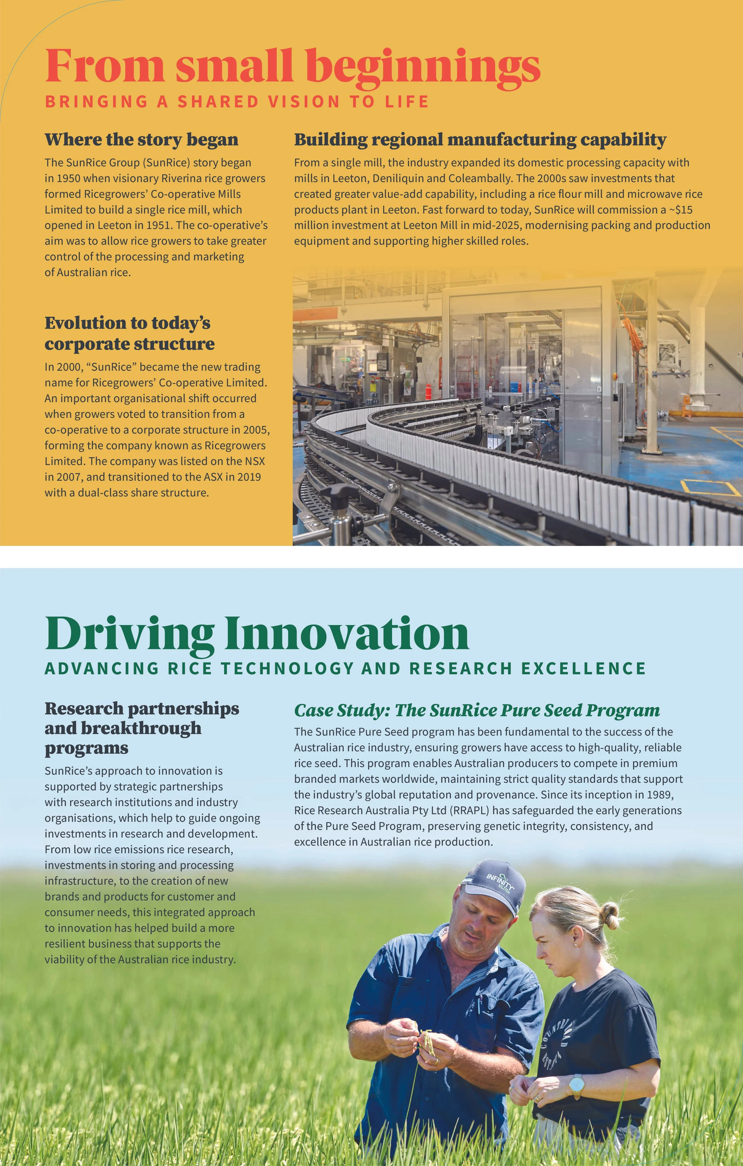 Brochure page about SunRice history, manufacturing, and research, featuring a photo of two people examining rice plants in a field.