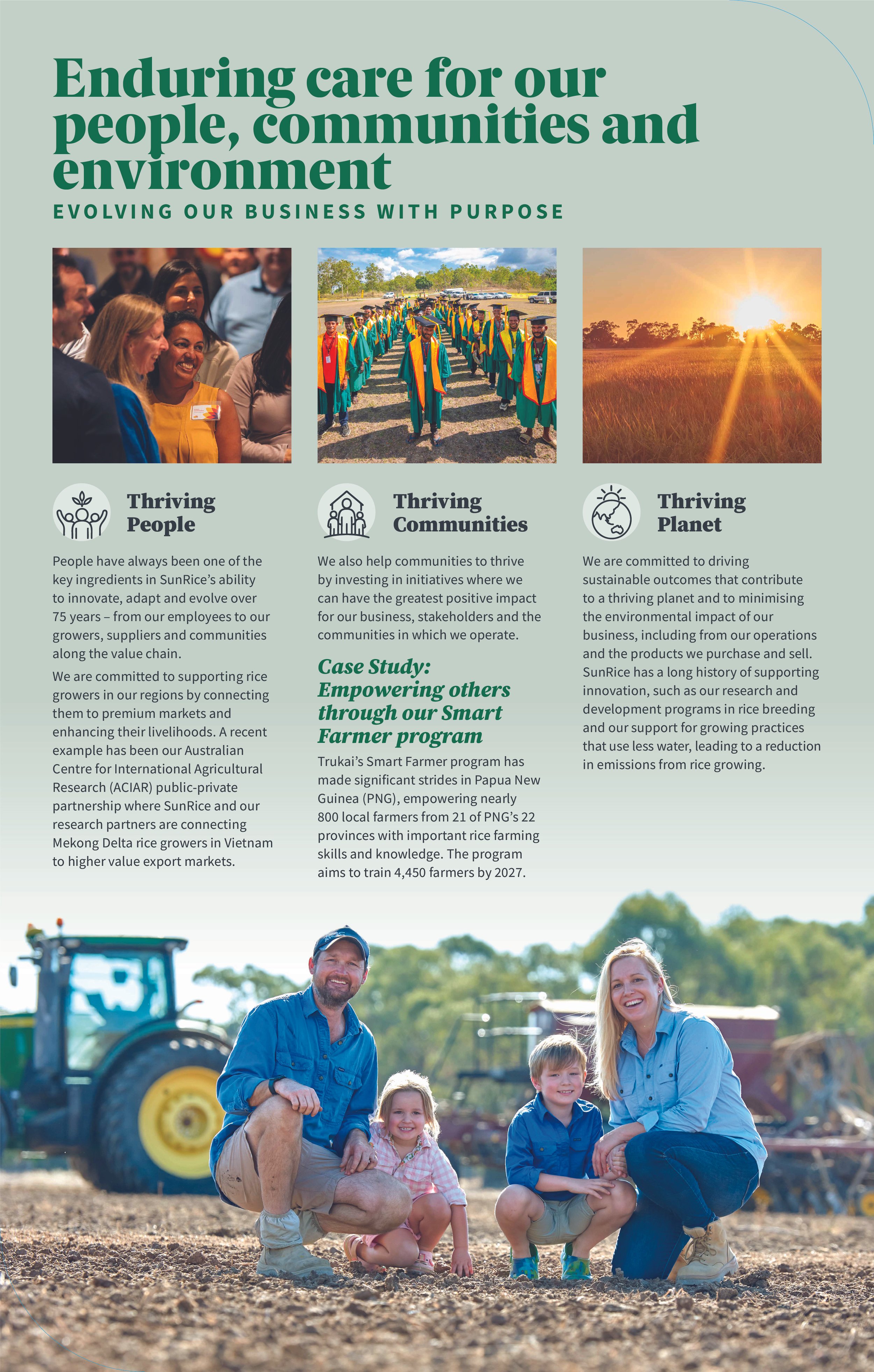 A family of four, including a man, woman, and two children, is outside on a farm with a tractor in the background.