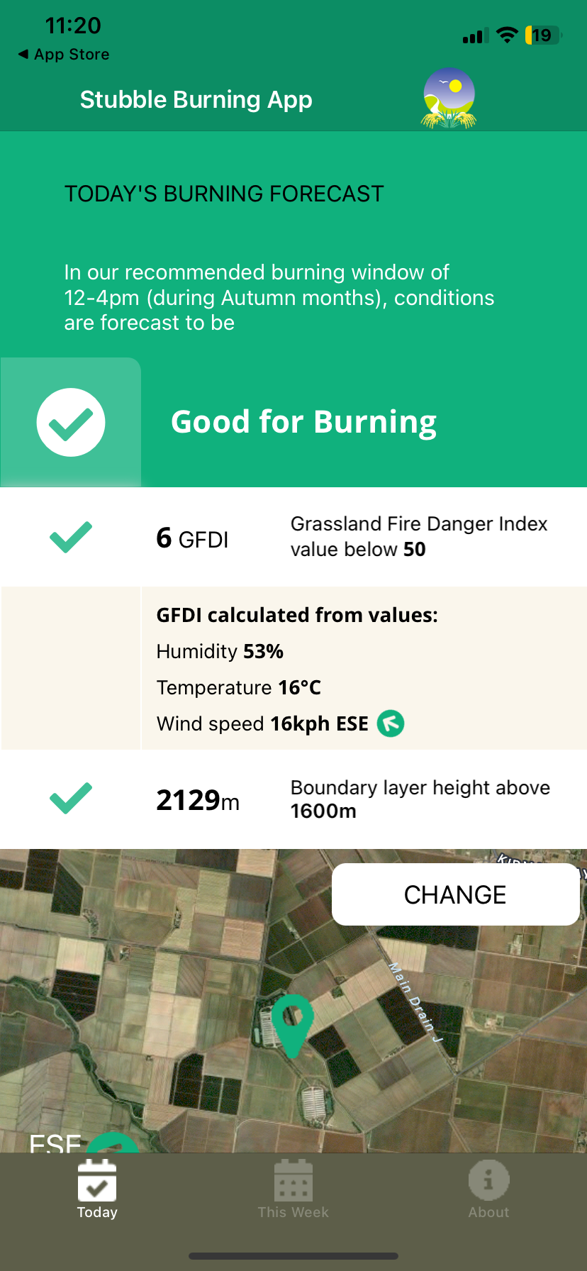 Screenshot of the Stubble Burning App showing today's burning forecast with good burning conditions, GFDI of 6, humidity 53%, temperature 16°C, wind speed 16 kph ESE, and boundary layer height of 2129 meters over a map of farmland.