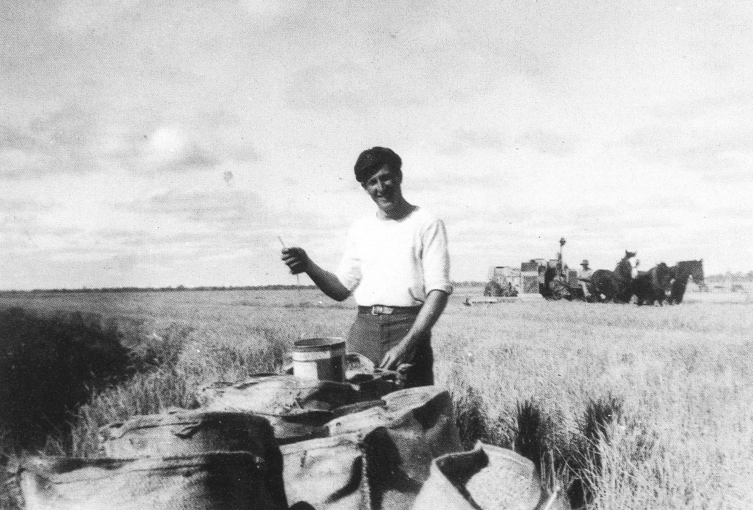 A woman standing in a field with tall grass, holding an object in her right hand and looking at the camera, while a tractor and a wagon are visible in the background under a partly cloudy sky.
