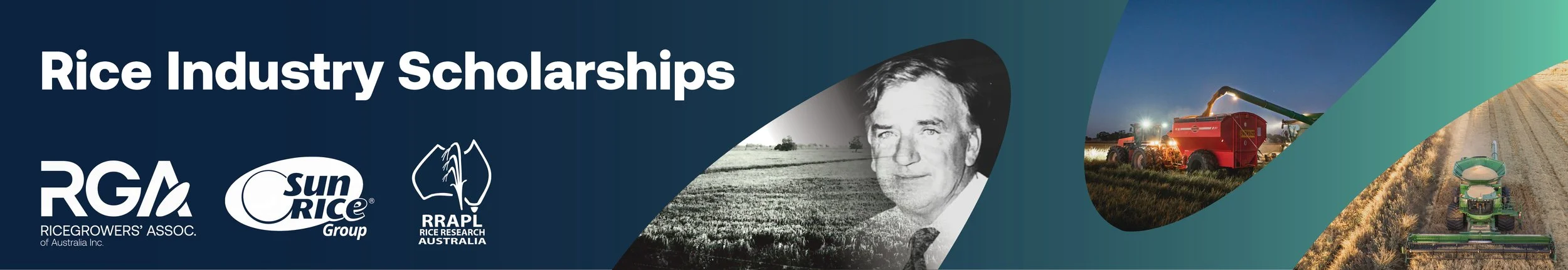 Banner for Rice Industry Scholarships featuring logos of RGA, SunRice Group, and RRA at the top, with a black-and-white photo of a man, a field of rice, and images of rice harvesting equipment.