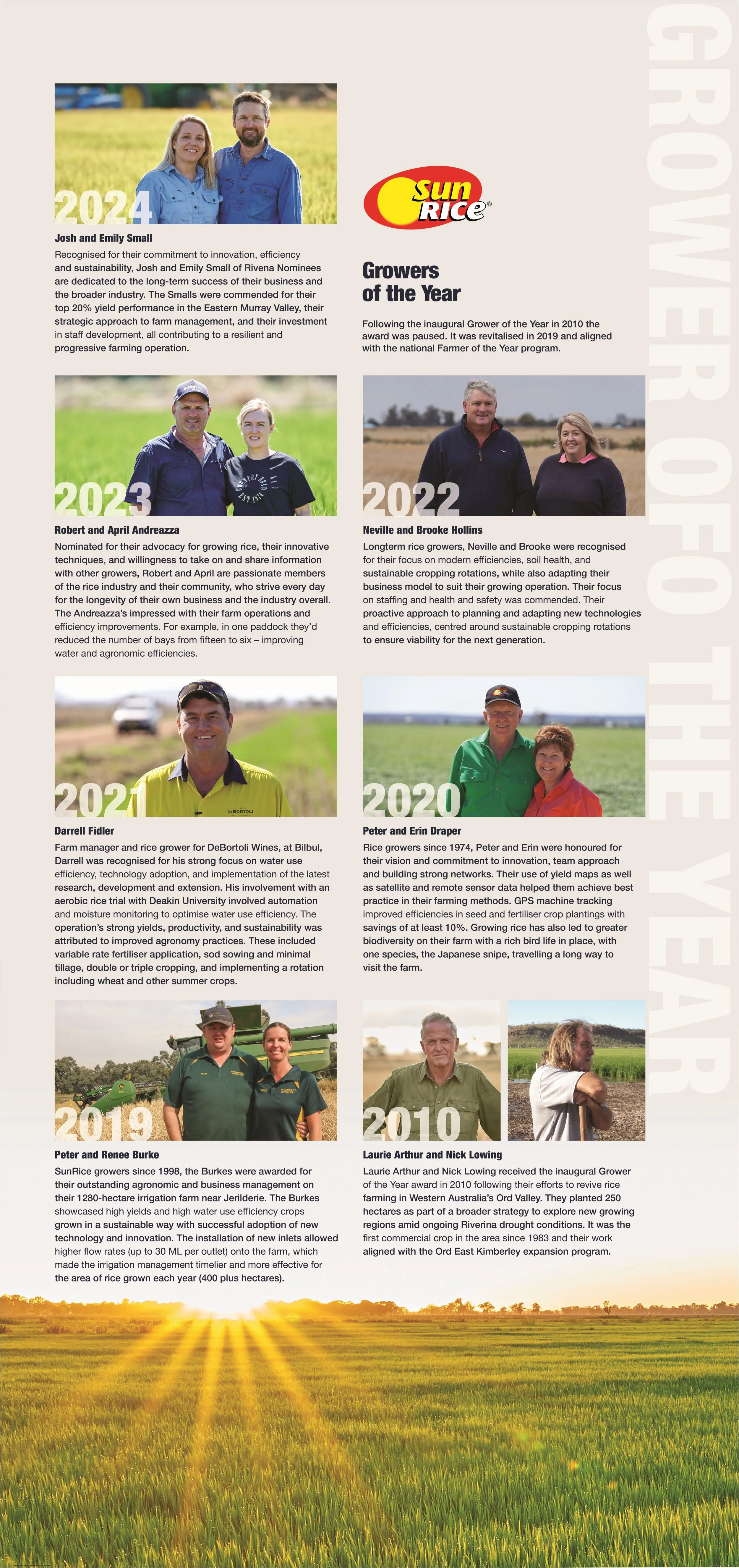 A newspaper page highlighting SunRice Growers of the Year for various years, featuring photos and descriptions of awardees from 2010 to 2024, along with a background image of a green rice field with yellow sunlight.