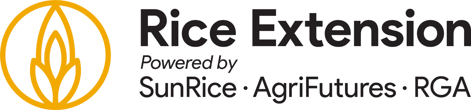 Logo for Rice Extension featuring a stylized rice plant in a circle with text 'Rice Extension Power'd by SunRice .AgriFutures . RGA'
