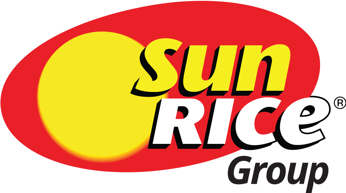 Logo with a yellow sun and the words "Sun RICE" in large bold letters, with "Sun" in yellow and "RICE" in white, on a red and black background.
