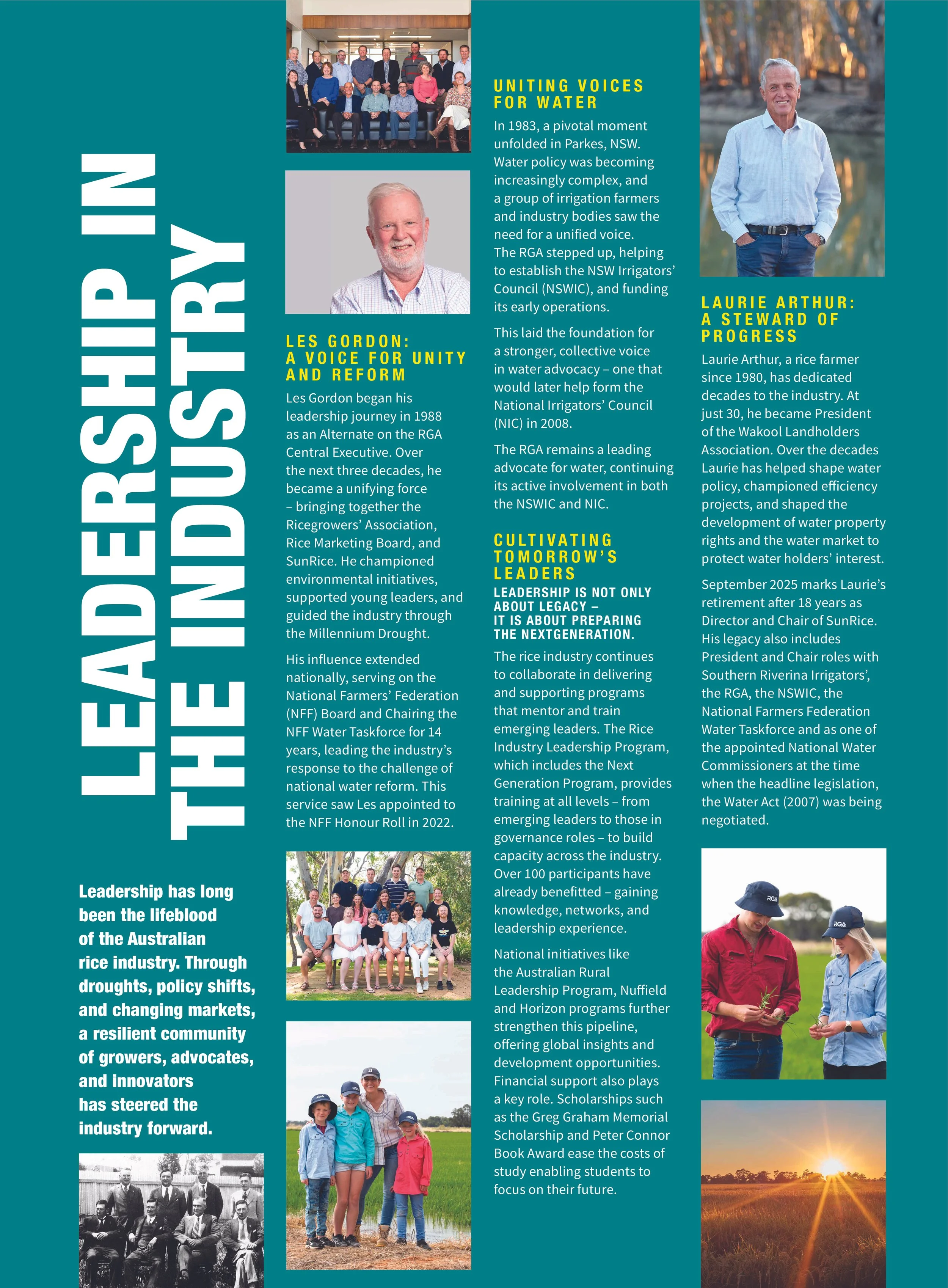 A collage of images from a brochure or magazine page about agricultural leadership in the rice industry. Contains group photos of people, a man outdoors, and a sunset over a field, with text about the history and efforts in water policy, leadership, and industry development.