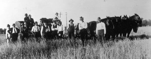 A black-and-white photo of a group of men standing with horses in an open field, dressed in early 20th-century clothing.