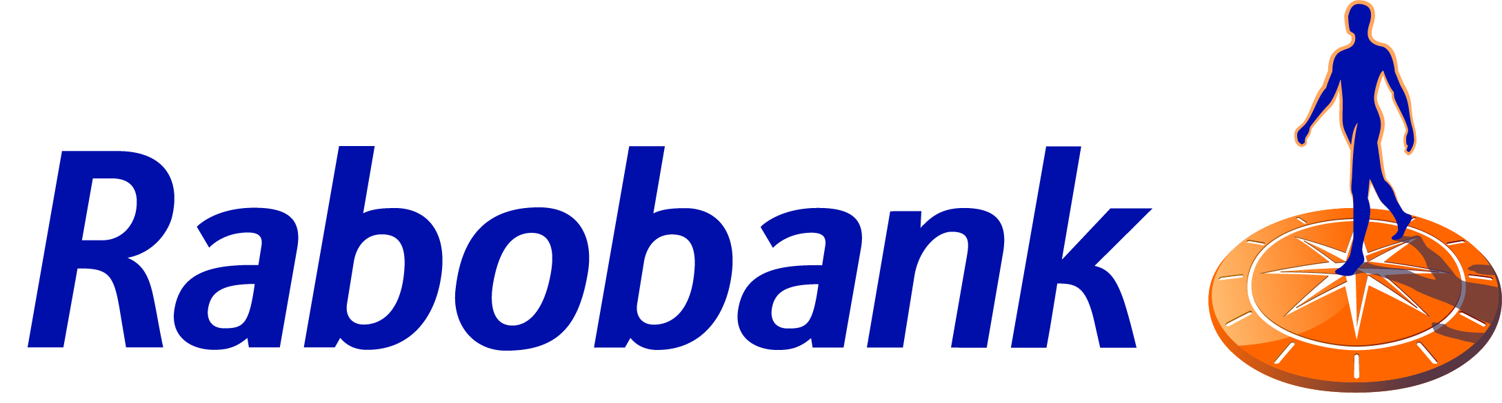 Logo with the word 'Rabobank' in blue letters, featuring a orange compass rose with a blue human figure walking on it.