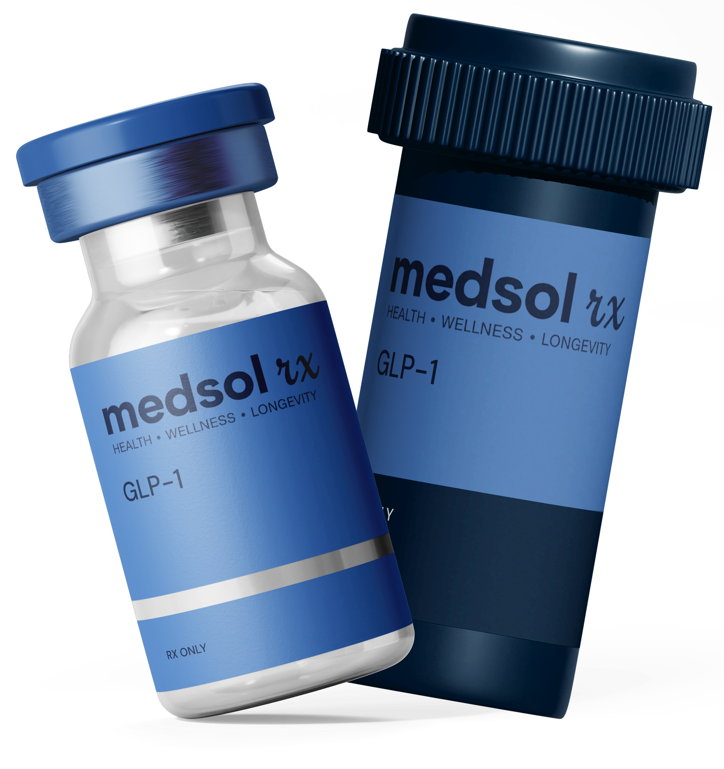 A prescription medication bottle and a container of Medsol RX GLP-1 medication, both with blue labels and caps, set against a black background.