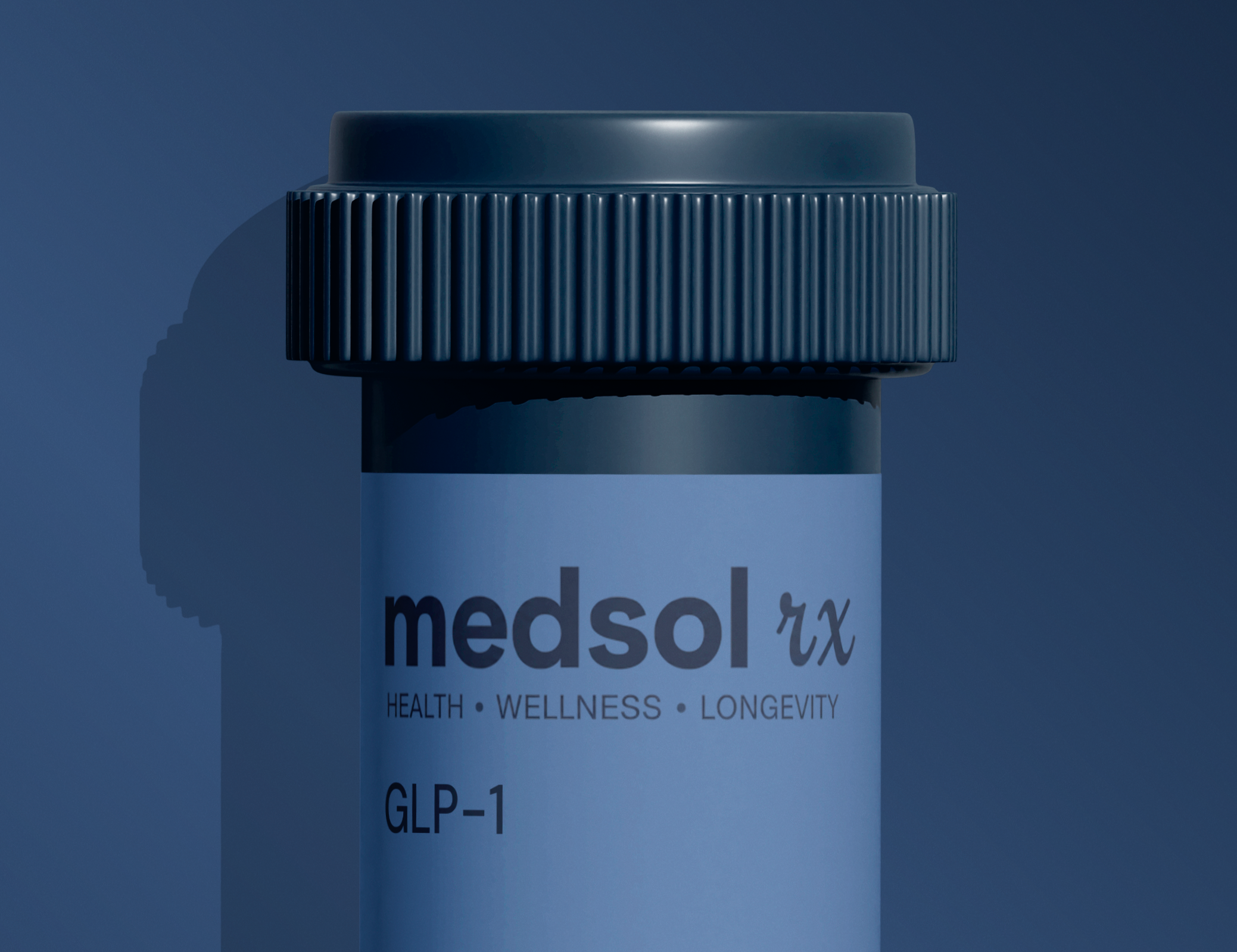 A bottle labeled 'medsol rx' with the words 'Health, Wellness, Longevity' and the code 'GLP-1' on a dark blue background.