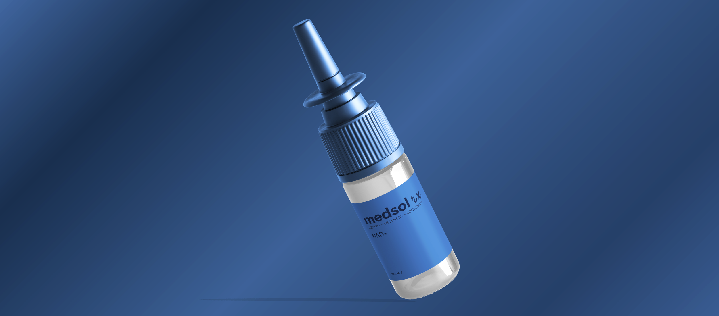A blue and white medical ampoule with a dropper, labeled 'medsol RX' and 'NAD+',$meds, on a blue background.