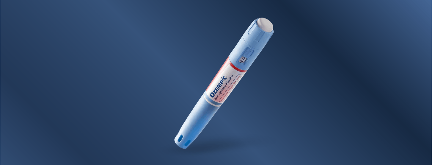 An Ozempic pen for diabetes injection floating against a dark gradient background.