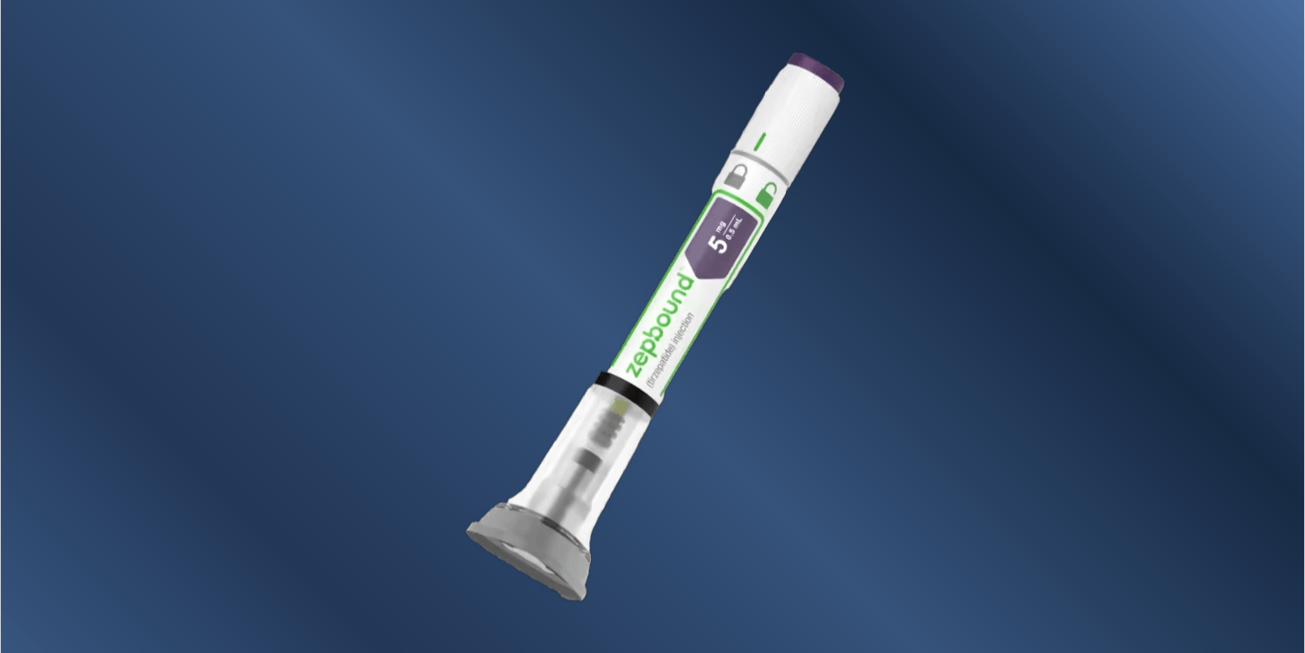 Insulin pen with green and white design labeled 'zepbound' on a blue background.