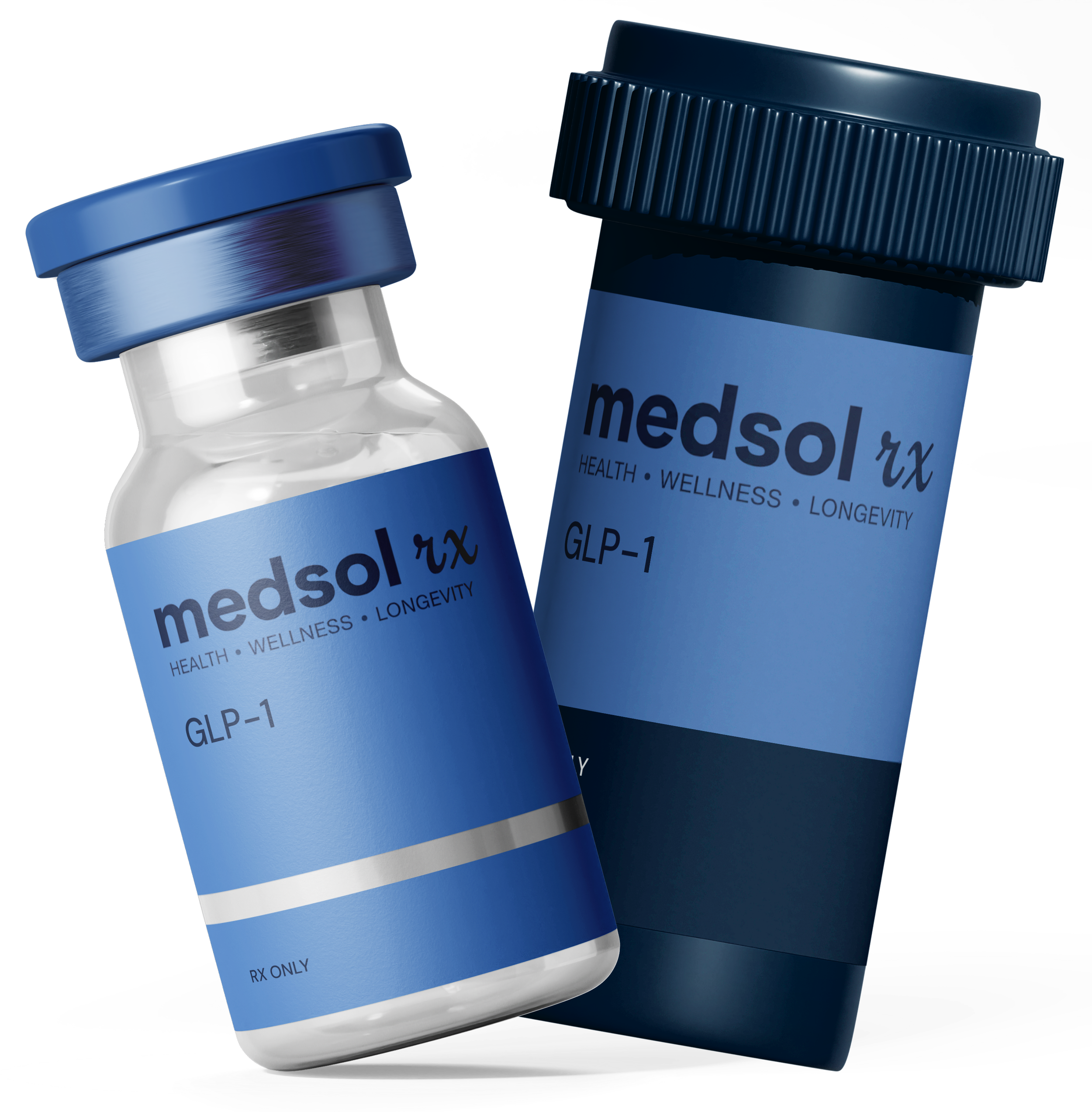 A bottle and a container of Medsol RX GLP-1 medication, both with blue labels, set against a black background.