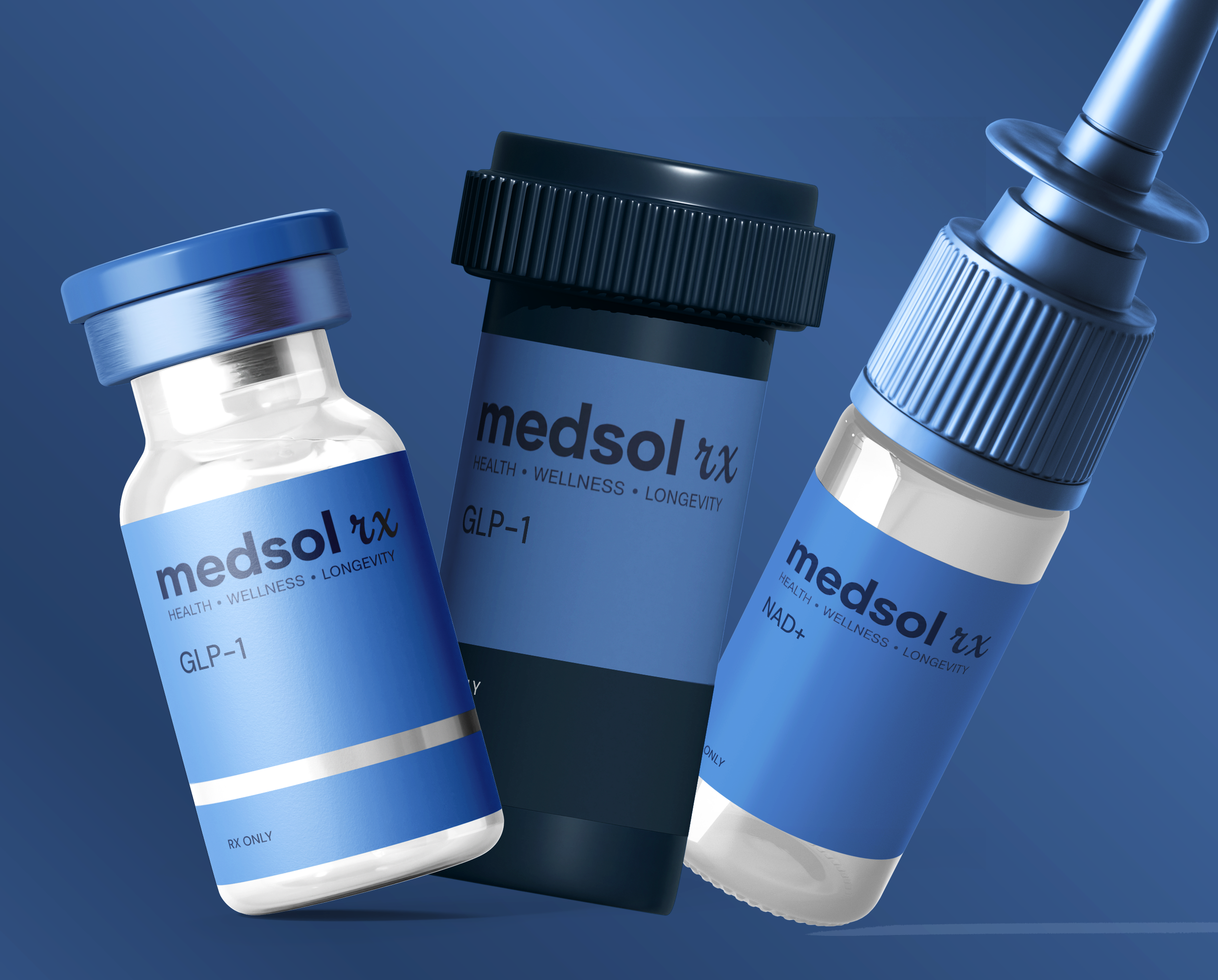Three blue-labeled medication bottles and a container with a nasal spray on a blue surface.