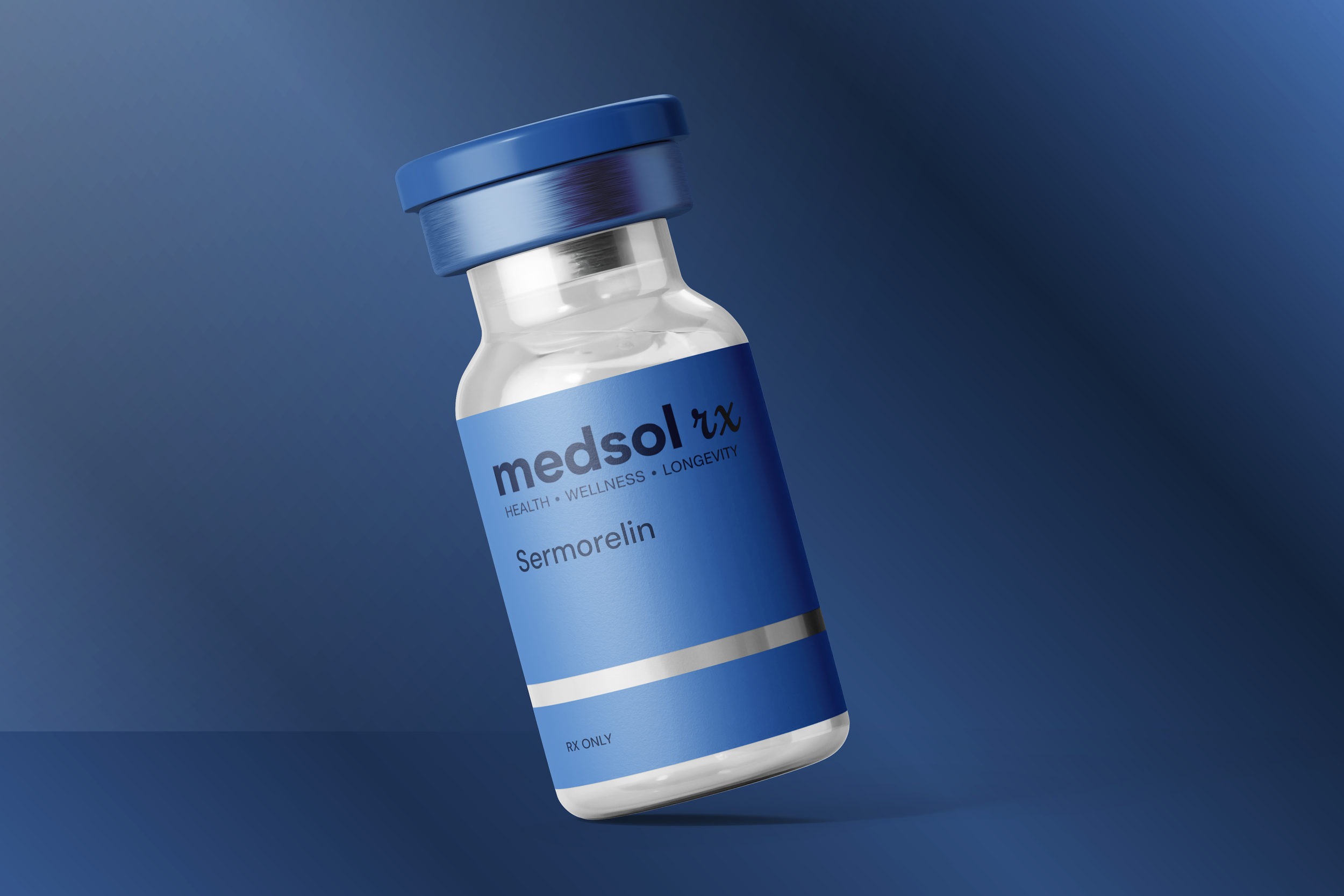A pharmaceutical bottle labeled 'medsol rx' containing 'Sermorelin' medication, with a blue cap and blue label, set against a blue background.