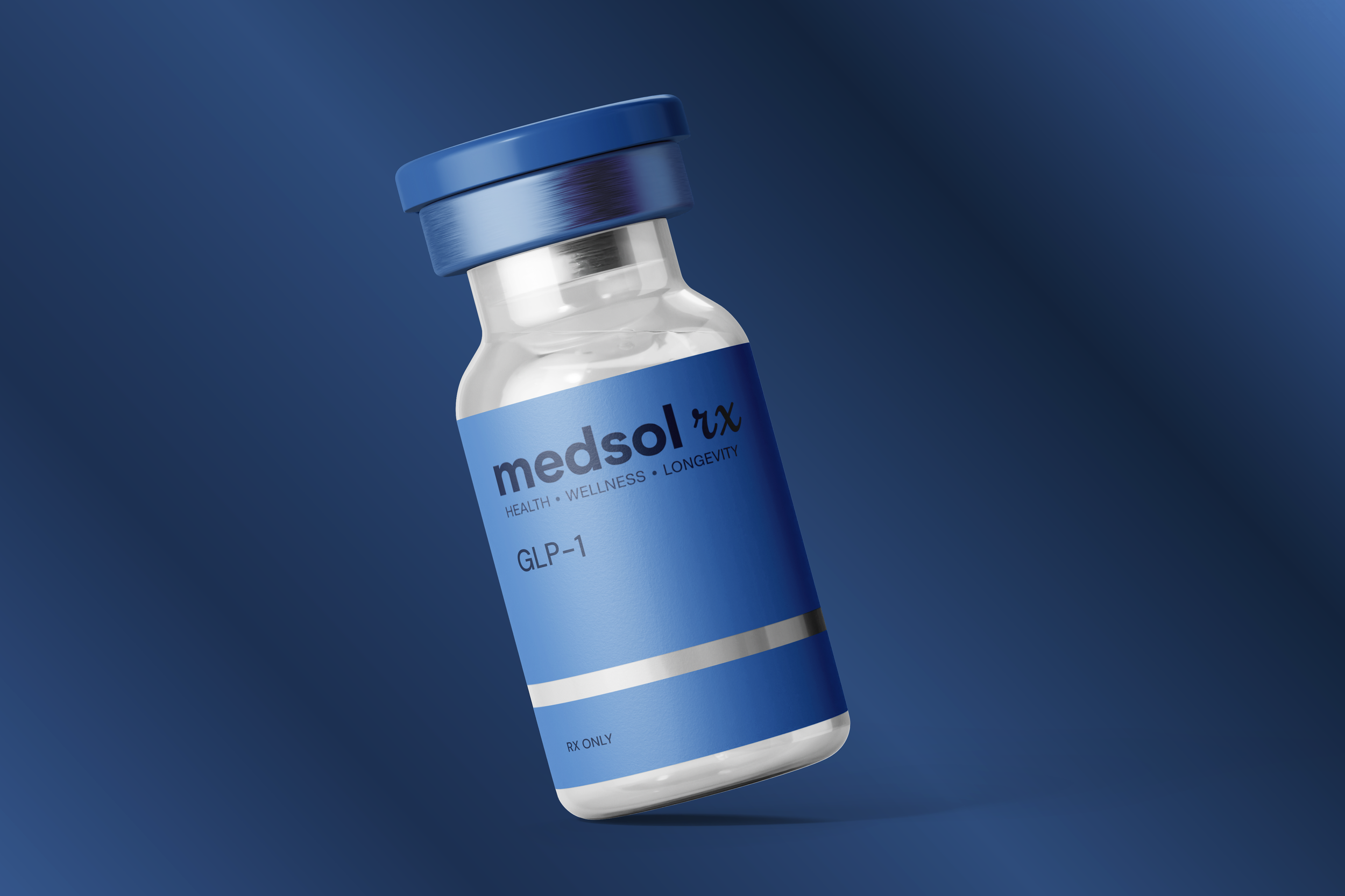 A pharmaceutical bottle labeled "medsol rx" with the words "Health, Wellness, Longevity" and "GLP-1" on a blue background.