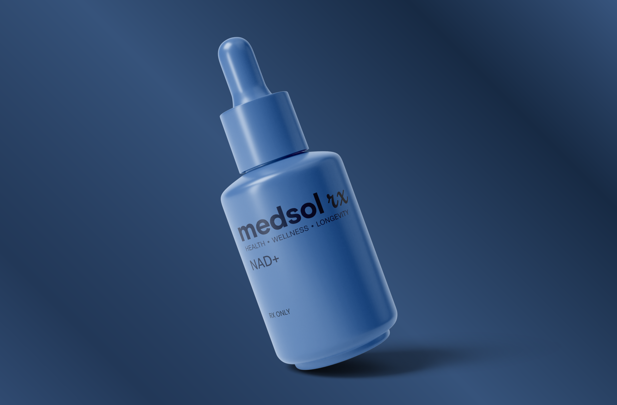 A blue bottle labeled 'medsol rx' with a dropper cap, indicating it contains a medication or supplement, against a blue background.