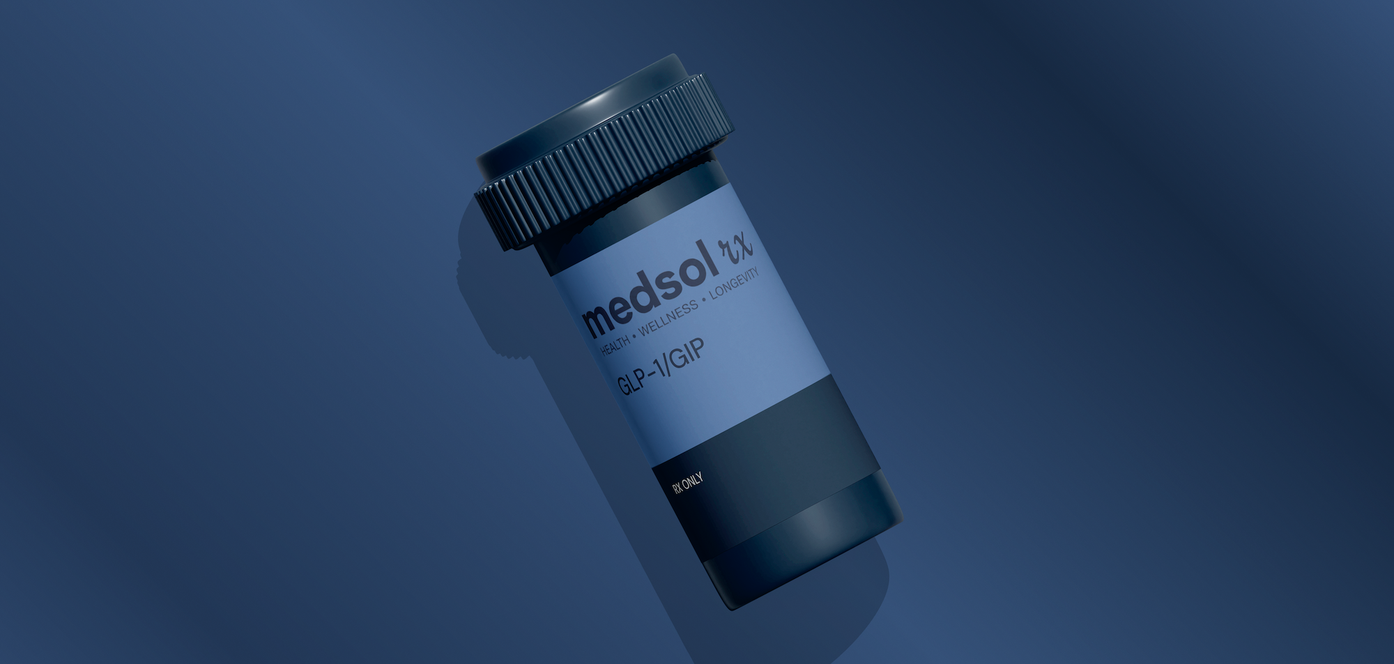 A blue prescription medication bottle labeled 'medsol RX' with the text 'HEALTH • WELLNESS • LONGEVITY'.