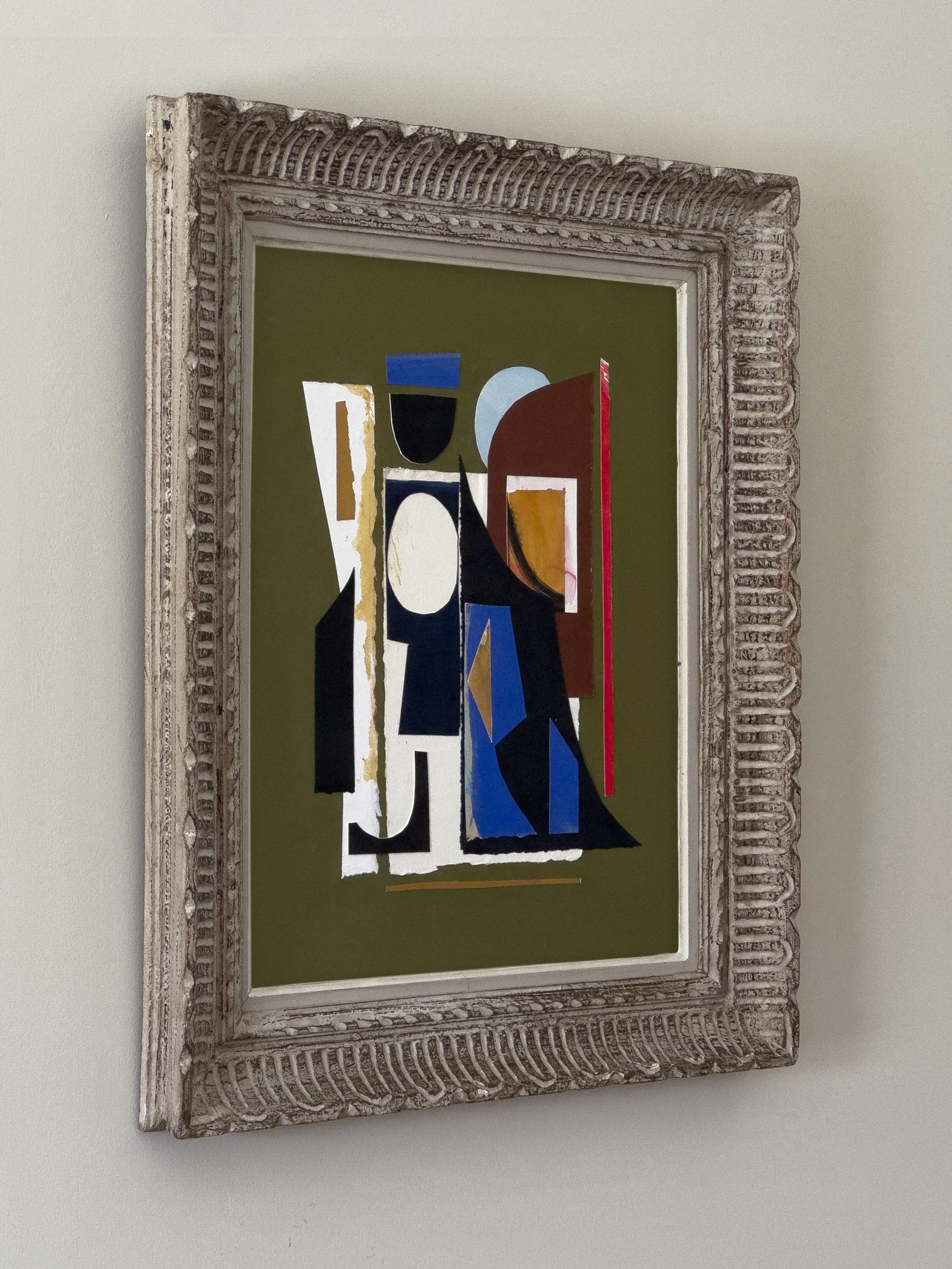 Abstract geometric painting with various shapes and colors, set in an ornate wooden frame.