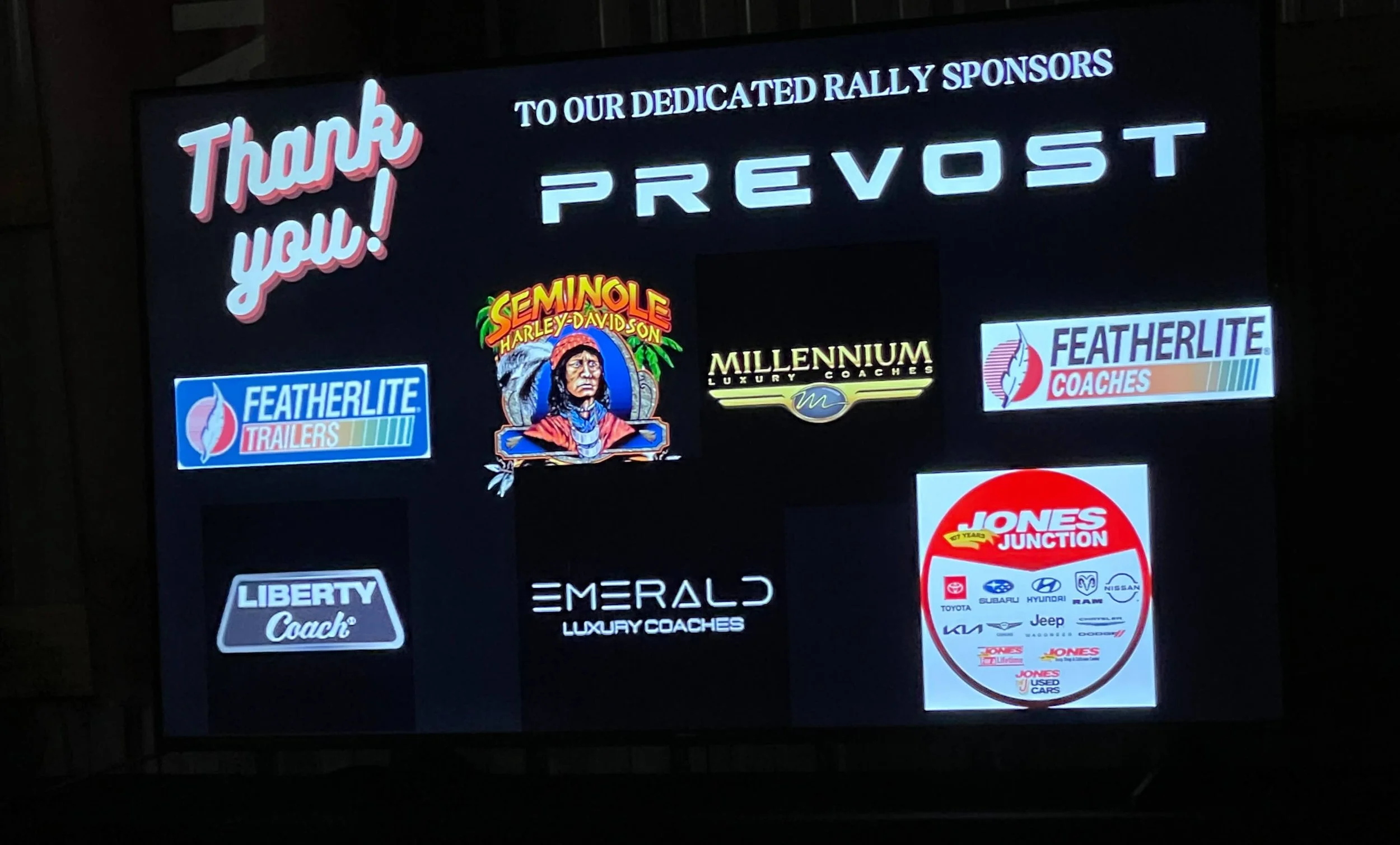Digital display thanking this year sponsors including Prevost, Seminole Harley-Davidson, and Millennium Luxury Coaches.