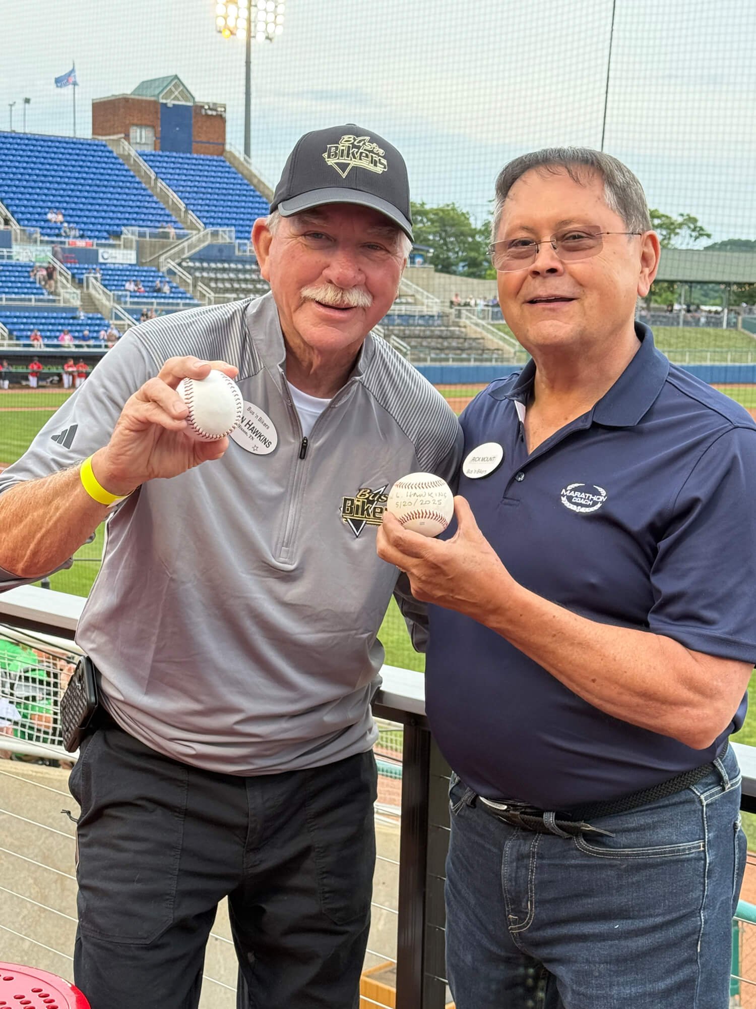Left - John Hawkins threw the 1st pitch of the game • Right - David Mount captured fly ball that landed in guest area next to 1st base. 