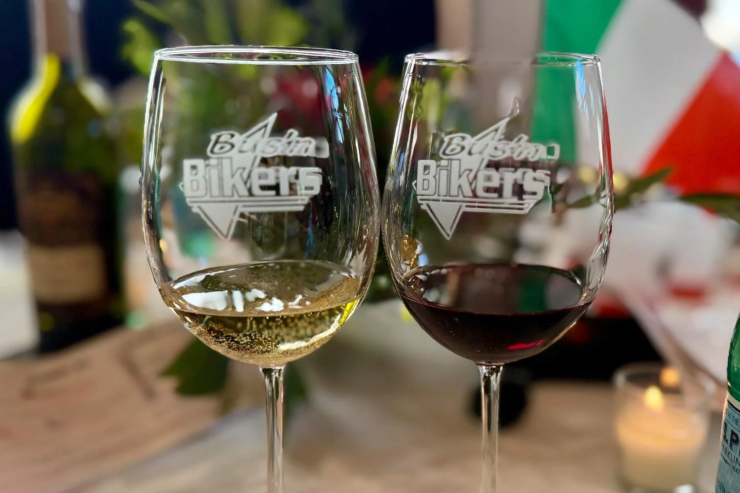 Wine glasses presented to BnB attendees and used at the wine class and 4-course Italian dinner presented by Tenuto Torciano Winery (Tuscany, Italy) held in the lodge.