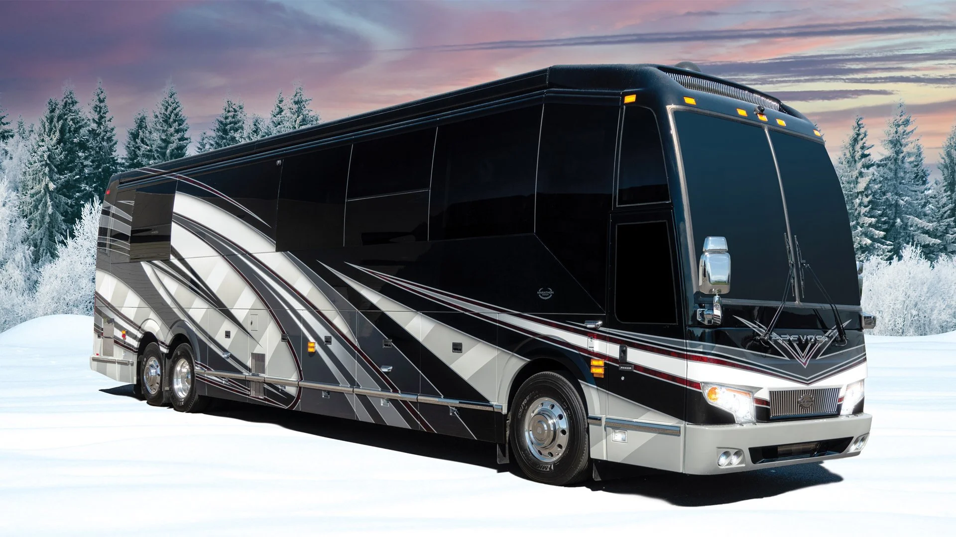 Marathon Coach luxury exterior black and white graphics with a snowy background.
