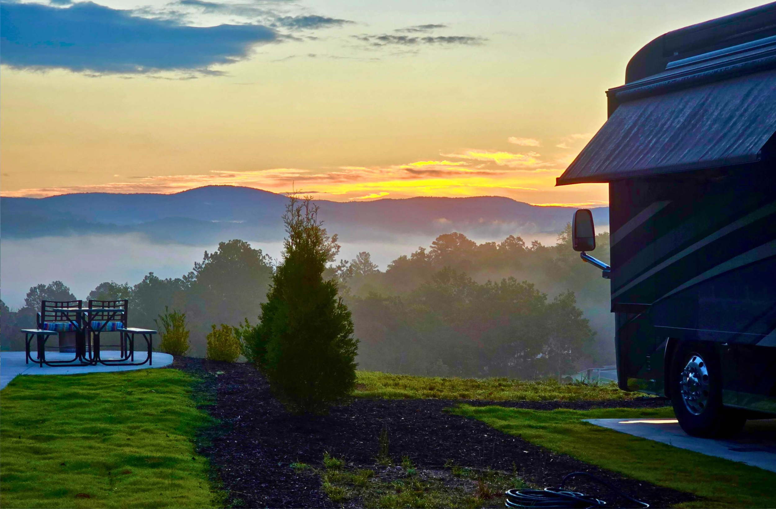 Sunset mountain view from RV patio, Talking Rock, Georgia.