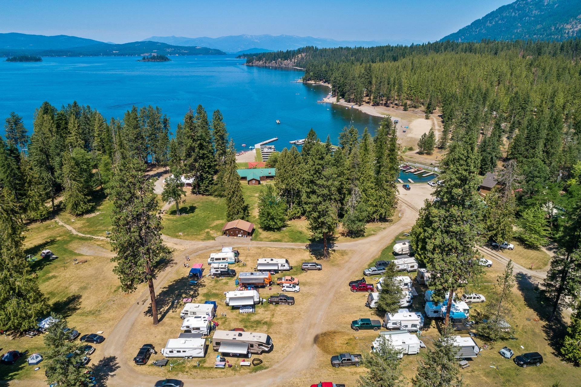 Aerial view of lakefront RV resort, Post Falls, Idaho.
