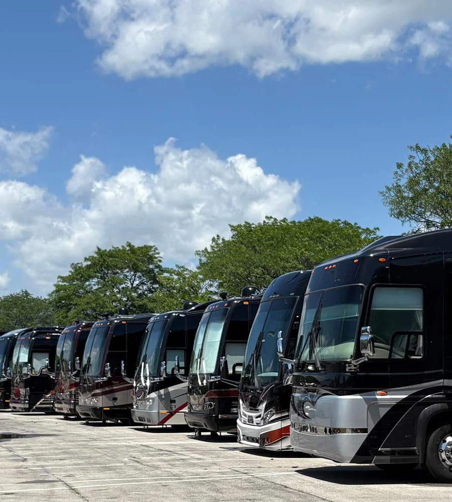 Luxury coaches lined up at the Salem Civic Center.