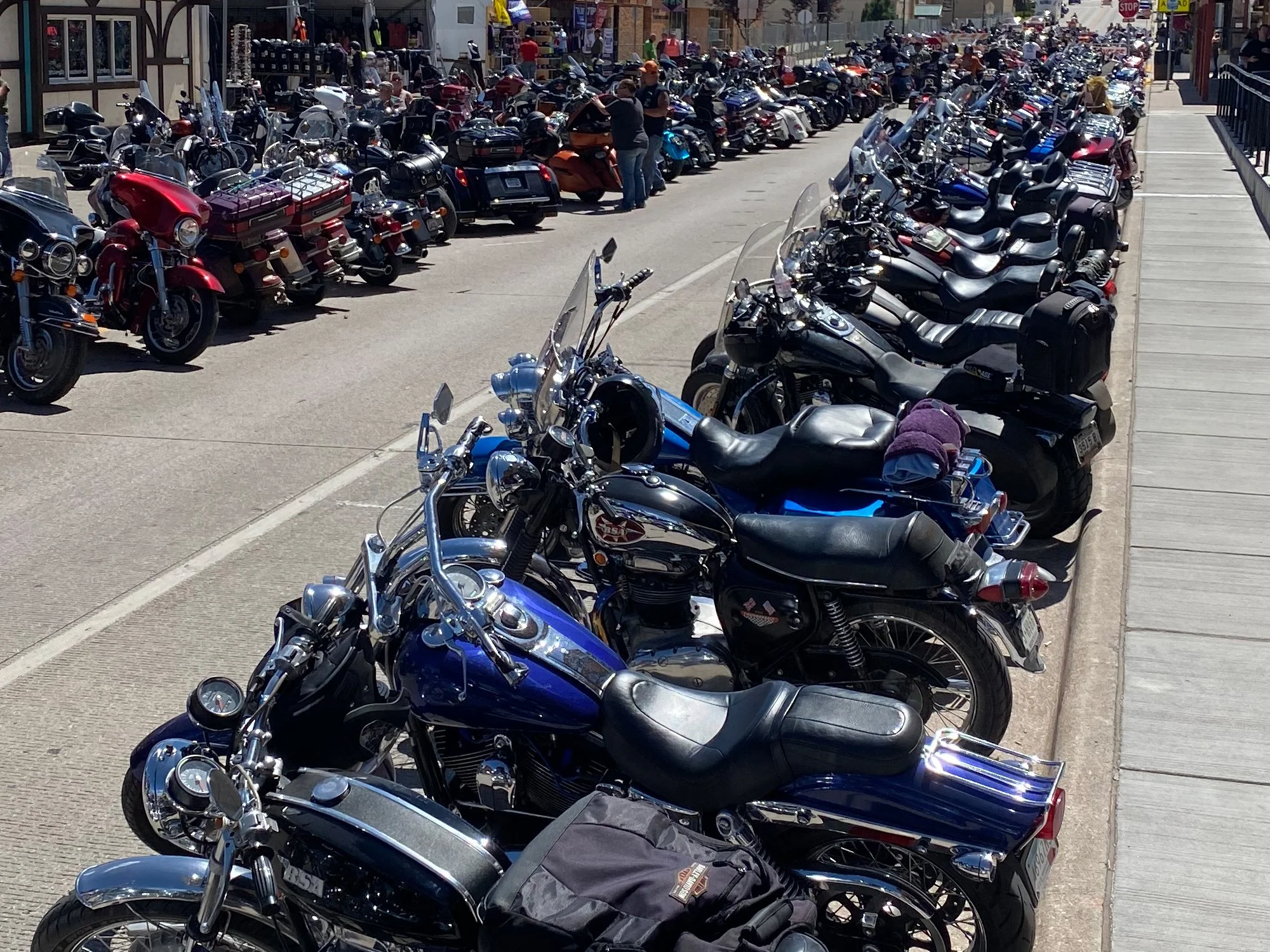 A line of motorcycles on both sides of the street at BnB Sturgis, SD rally.