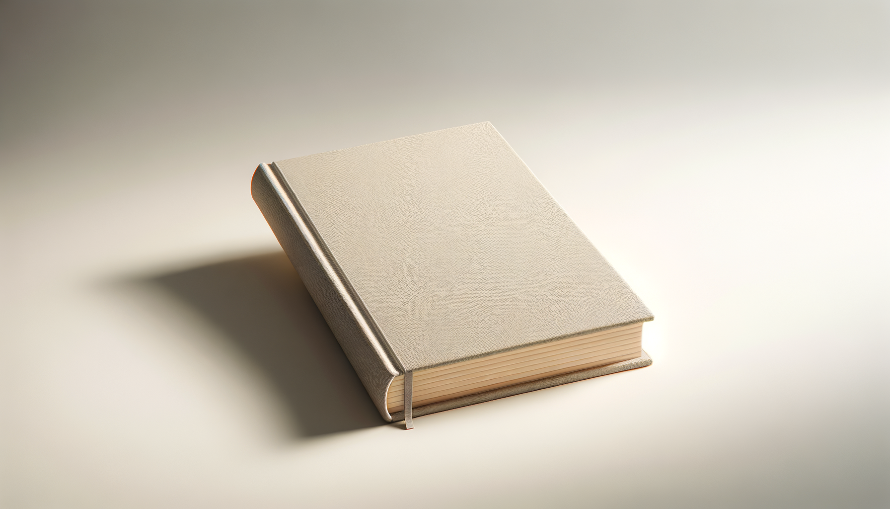 A beige hardcover book with a ribbon bookmark on a light surface.